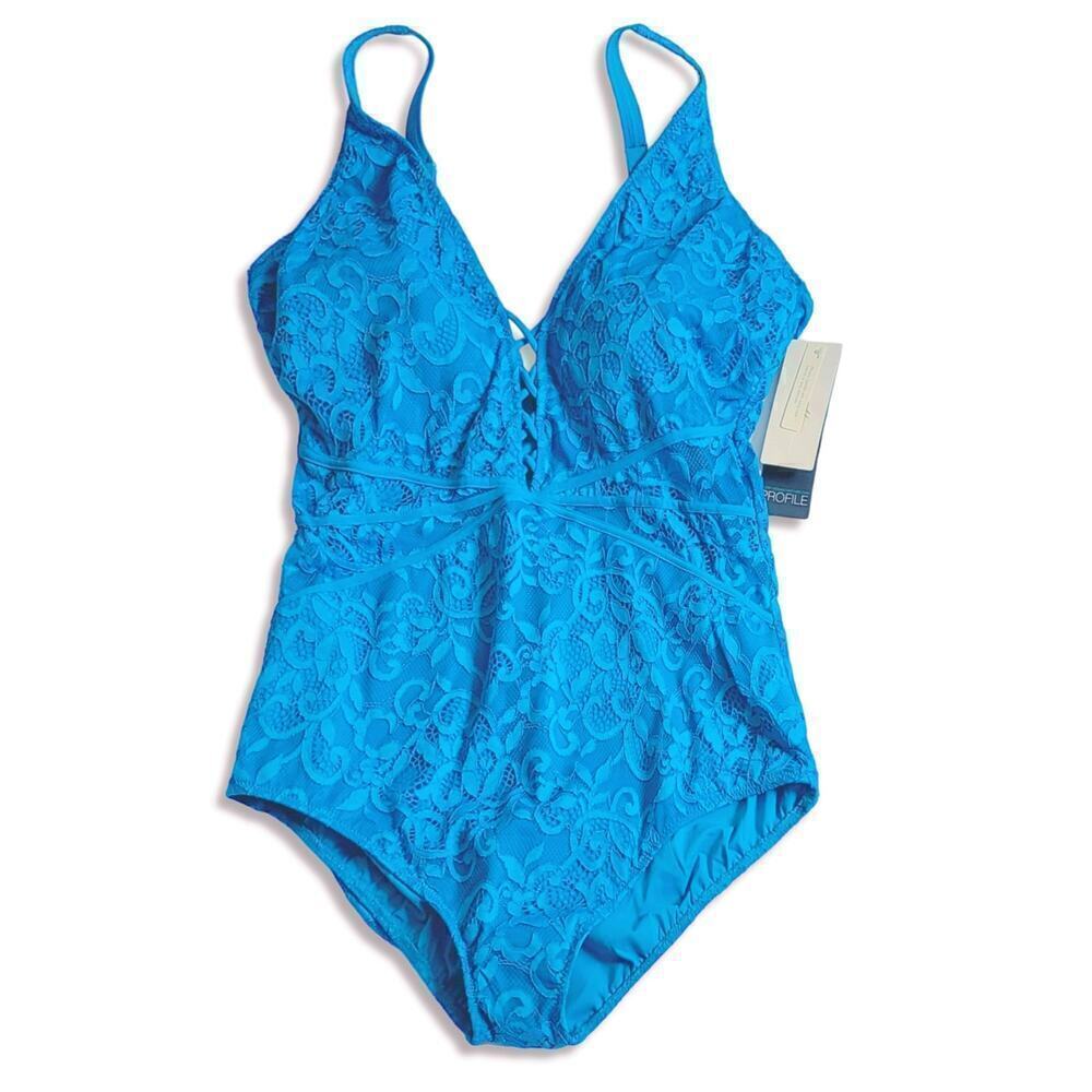 New! Profile By Gottex Plus Shalimar Lace Tummy Control One-Piece Swimsuit - Picture 4 of 6
